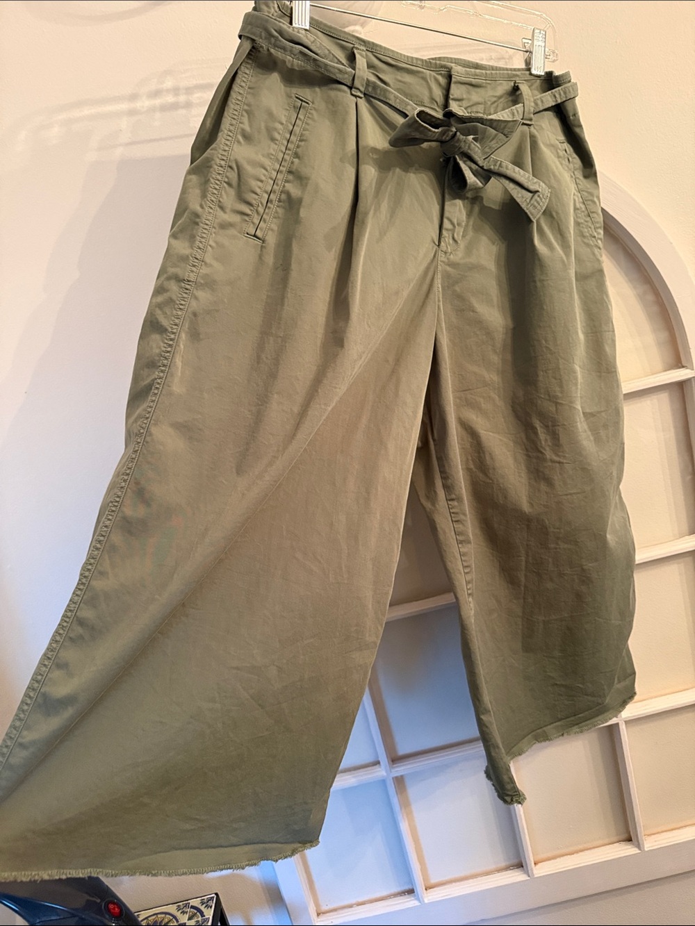 GAP High Waisted Paperbag Cropped Wide Leg Pants Raw Hem Olive Color Size 12